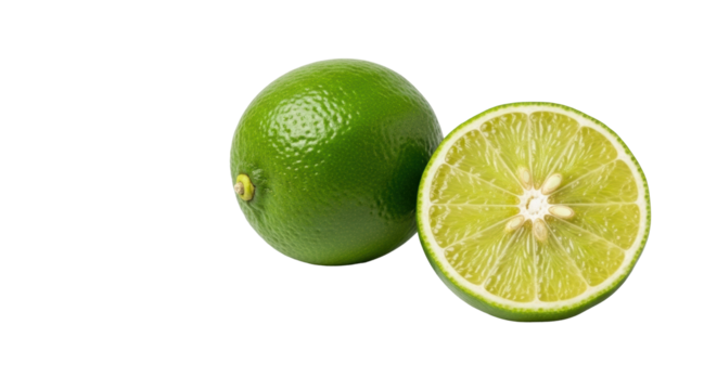Two fresh, vibrant green limes, one whole, one halved, showing juicy pulp on a transparent seamless background with soft studio lighting, ample negative space, commercial freshness concept