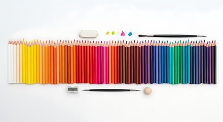 Obraz premium Colored Pencils Arranged in a Row with Art Supplies on White