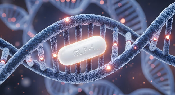 Glp-1 pill amidst dna strands symbolizes modern metabolic weight loss methods 32710477 1