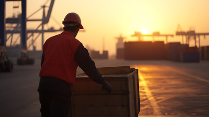 A port worker in safety gear transports cargo at sunrise, embodying global trade's tireless efforts & logistical precision. The sun adds warmth & promise.