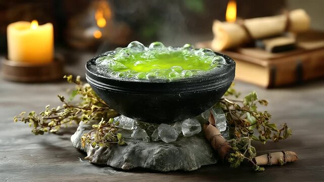 A bubbling green potion in a crystal cauldron, surrounded by dried herbs, ancient scrolls, and glowing runes. High fantasy, detailed texture. blurred background, with copy space