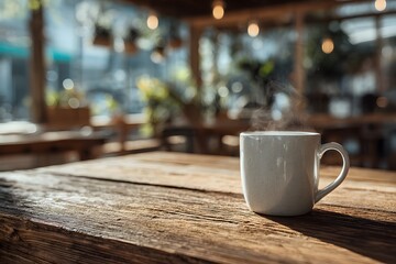 Fototapeta premium Clean white ceramic coffee mug with a wisp of steam rising, sitting on a rustic wooden table in a bright, airy cafe with warm morning light streaming in.