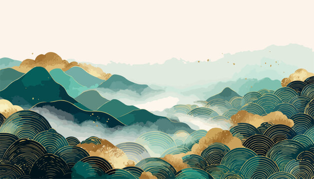 Eine wundersch&ouml;ne, abstrakte Vektorillustration einer Berglandschaft mit sanften gr&uuml;nen und goldenen Farbt&ouml;nen und einem Hauch von Nebel im Hintergrund.