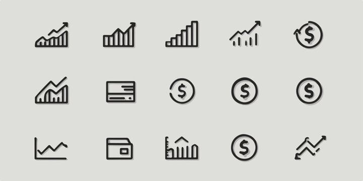 Eine Sammlung von Vektor-Icons, die Finanzen, Wirtschaft und Wachstum darstellen, ideal f&uuml;r Designprojekte und Pr&auml;sentationen.