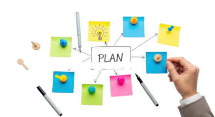 High-angle flat lay of modern pushpins securing colorful sticky notes on a clean cork board, subtle drawn lines connecting ideas, soft studio light, concept of strategic business planning