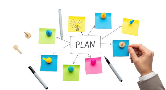 High-angle flat lay of modern pushpins securing colorful sticky notes on a clean cork board, subtle drawn lines connecting ideas, soft studio light, concept of strategic business planning