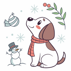 Happy Puppy with with a scarf, set in a charming Winter theme – Winter Wonderland color vector art