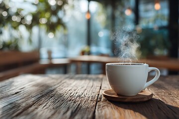 Clean white ceramic coffee mug with a wisp of steam rising, sitting on a rustic wooden table in a bright, airy cafe with warm morning light streaming in.