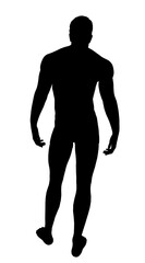 Obraz premium A black silhouette of a man standing confidently with his hands on his hips, wearing only underpants against a stark white background.