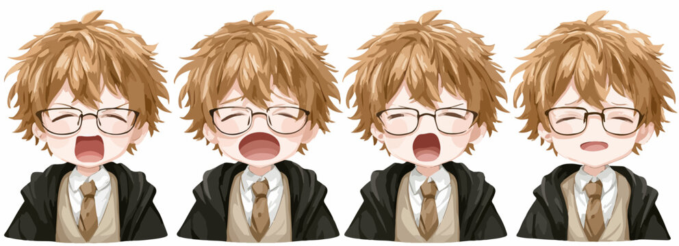 Vektor-Set von vier niedlichen Chibi-Charakter-Gesichtsausdr&uuml;cken, g&auml;hnend und m&uuml;de.