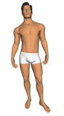 Fototapeta premium A man in white underpants stands confidently with hands on hips against a white background. His dynamic polygonal form creates a sense of animated movement.