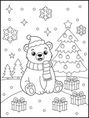 Adorable Cartoon Bear in Santa Hat and Scarf Sitting by Christmas Tree and Wrapped Gifts. Black and White Christmas Coloring Page for Kids and Adults.