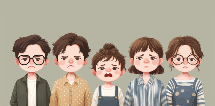 F&uuml;nf junge Menschen mit unterschiedlichen negativen Gesichtsausdr&uuml;cken in einem niedlichen Vektor-Stil