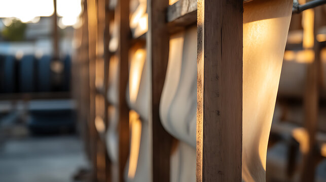 Abstract shot featuring parallel wooden beams and hanging, light-colored cloths or materials, with a warm, natural light creating shadows and textures. Focus on linear composition.