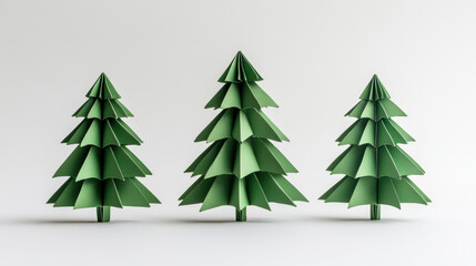 Obraz premium Origami Christmas trees on white background, perfect for holiday designs. paper trees are a creative and festive addition to any holiday-themed project or design.