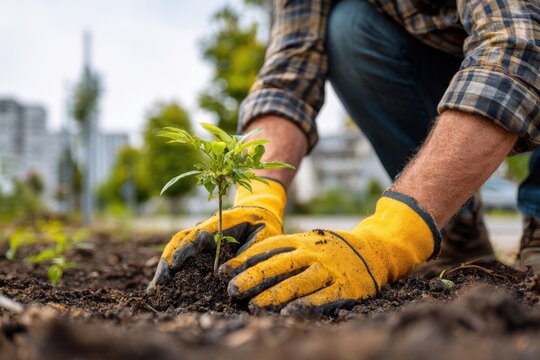 Gardener kneels in soil to plant small green seedling in community garden during sunny day in urban area