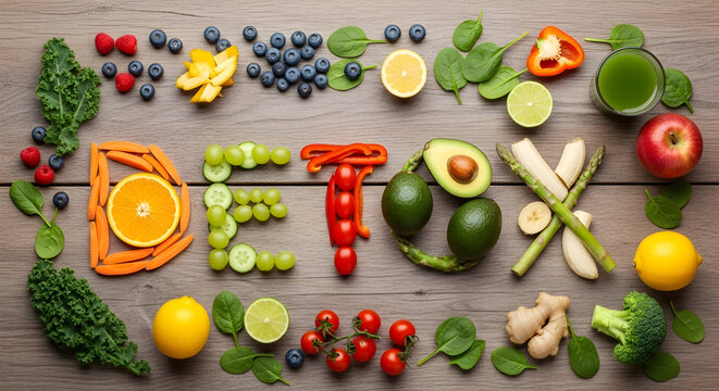 Colorful fruits and veggies spell detox symbolizing gut health and cleansing 33111678 1