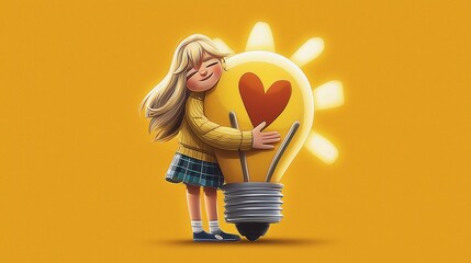 Cute character hugging a lightbulb, symbol of idea love
