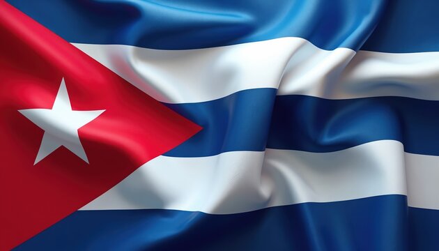 Cuban flag waving with red triangle and white star. Blue and white stripes flutter on silk fabric. National symbol of Cuba represents country identity and patriotism.