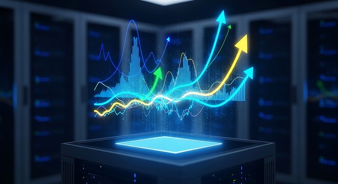 Holographic financial data charts and arrows rising above a glowing platform in a server room
