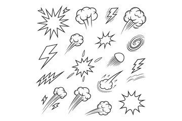 Hand Drawn Comic Burst Icon Set Zap, Explosion, Smoke Cloud, Swirl, Speed Line, Sketch Impact Doodle Vector