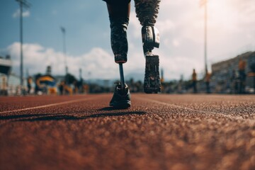 Young athlete in training on a track, focusing on speed and strength with a prosthetic leg and determination
