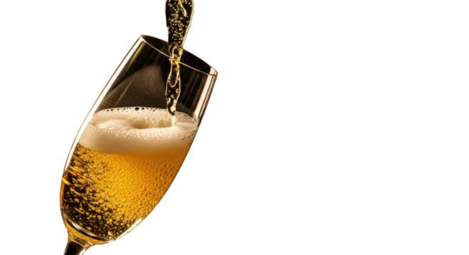 Golden sparkling wine, effervescent with froth and tiny bubbles, cascades into an elegant crystal champagne flute against a deep black background, chiaroscuro lit. Concept of celebration and success