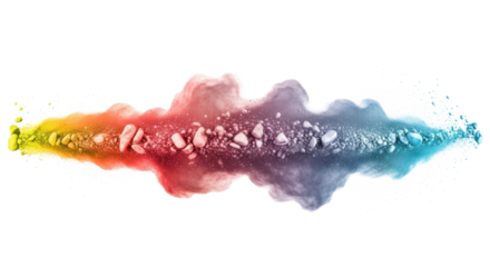 A vibrant cloud of exploding fine powder, showcasing a seamless warm to cool color gradient with particles frozen mid-air, against a transparent background. Concept of innovation and transformation