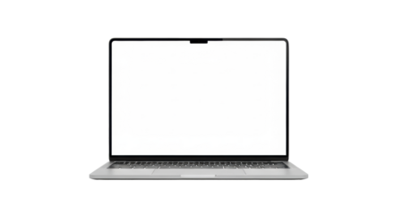 Pristine grey laptop, open with a blank white screen and ultra-thin bezels, isolated on a transparent studio background with copy space, concept of digital potential and innovation