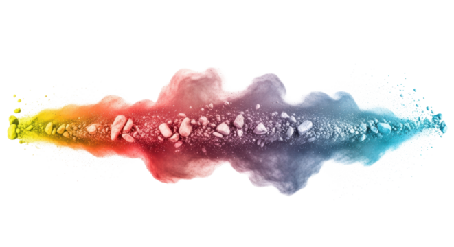 A vibrant cloud of exploding fine powder, showcasing a seamless warm to cool color gradient with particles frozen mid-air, against a transparent background. Concept of innovation and transformation