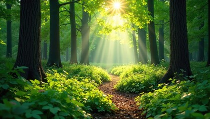 Obraz premium Magical Sun-Dappled Forest Floor Lush Summer Greenery, Sunlight Filtering Through Canopy, Perfect for Nature, Travel, and Environmental Projects