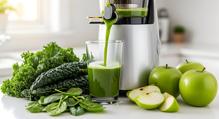 Fresh green juice being poured from a juicer surrounded by kale spinach and apples symbolizing health and detox 33833924 1