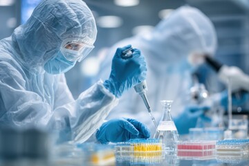 Scientists in sterile suits conducting experiments in a laboratory with test tubes and pipettes during a research session in modern facilities