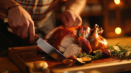 A man carves a golden-brown turkey with a sharp knife. The turkey is placed on a wooden cutting board, surrounded by sliced pieces and garnishes.