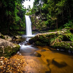 A cascading waterfall plunges into a clear pool, surrounded by lush green foliage and moss-covered rocks. The image has a serene feel