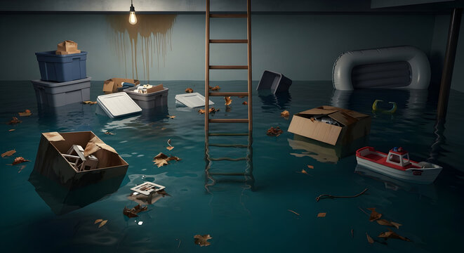 Flooded basement with deep water ladder and storage items 42459245 1