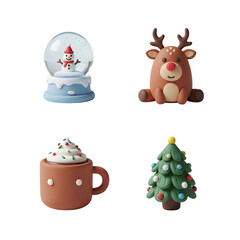 Fototapeta premium A collection of four cute 3D Christmas icons: a snow globe, reindeer, hot chocolate, and a decorated tree.