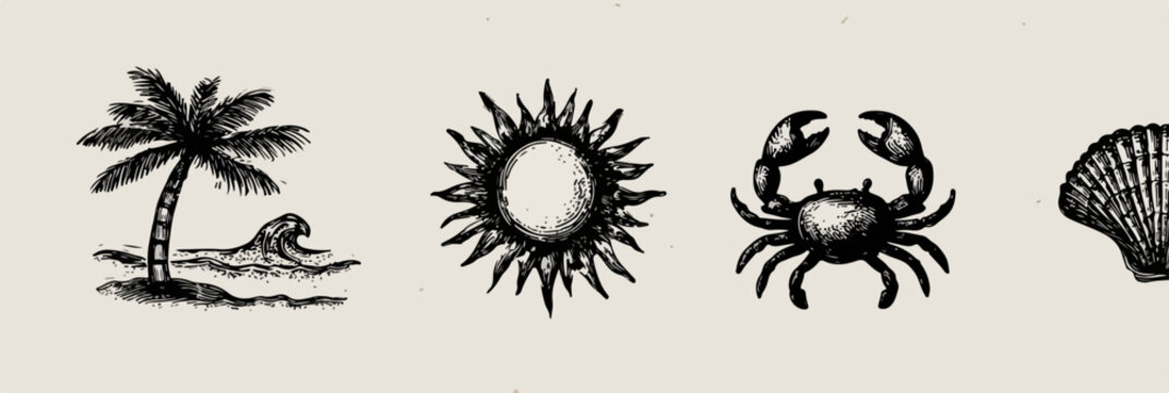 Vektorillustration von tropischer Insel mit Palme, Sonne, Krabbe und Muschel im Vintage-Stil.