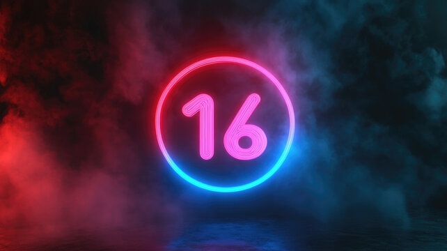 A glowing number 16 in pink neon inside a circular blue outline. The background features colorful smoke in red and blue tones, creating a vibrant atmosphere.
