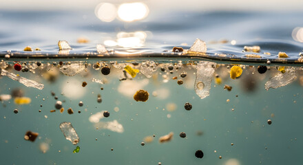 Close-up of microplastics floating in clear water highlighting the environmental impact of plastic pollution in oceans and drinking water sources 19897567 1