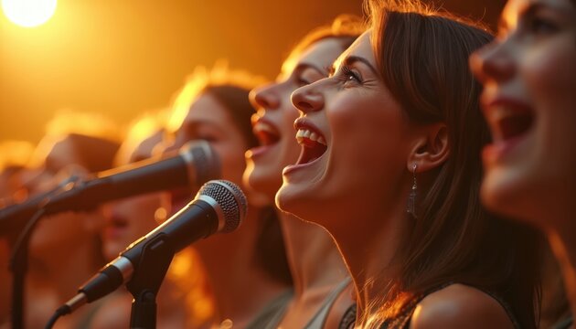 Group of happy women sings a song into microphones. Female choir performs on stage at a live music concert. Young vocalists enjoy the festival show together under warm spotlight.