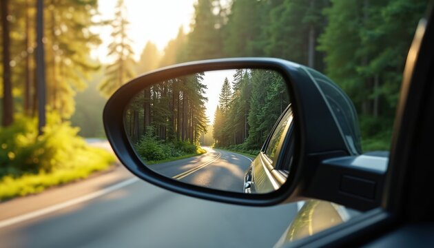Car side mirror reflects sunlit forest road. Traveling through green woods on asphalt path. Backview shows trees and sky during daytime journey.