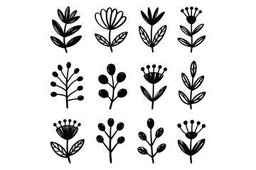 Hand Drawn Floral Icon Set Black Botanical Doodle Flowers, Silhouette Leaves, Simple Plant Twig, Decorative Branch Vector Collection