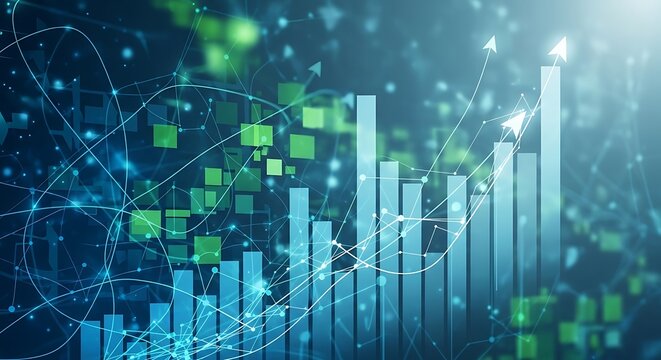 Digital financial data visualization with glowing charts and network connections