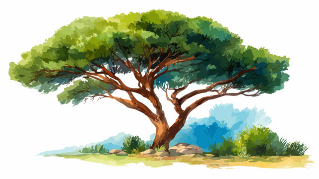 Eine wundersch&ouml;ne Akazienbaum-Illustration mit &uuml;ppiger gr&uuml;ner Krone in einem malerischen Aquarellstil.