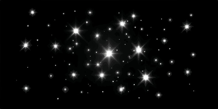 Ein funkelndes Arrangement aus hellen Sternen und glitzernden Lichtpunkten auf einem tiefschwarzen Hintergrund, ideal f&uuml;r festliche und elegante Designs.
