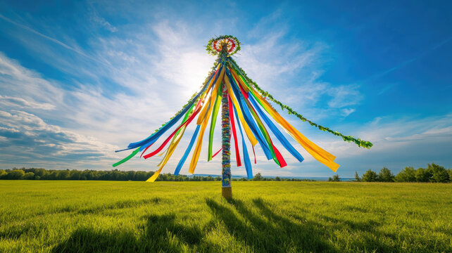 A colorful maypole stands in a sunny field. The pole is adorned with vibrant ribbons and greenery, symbolizing midsummer celebrations.