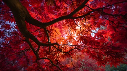 Brilliant red foliage of a deciduous tree glows vibrantly against a bright background