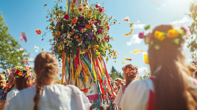 A colorful maypole adorned with flowers and ribbons stands tall. A group of young women in traditional attire celebrate midsummer, wearing floral crowns.