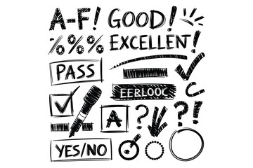 Black Hand Drawn Grading Checklist Icon Set A-F, Pass, Fail, Good, Excellent, Percent, Yes/No, Marker Check, Question, Exclamation, Doodle Review Vector